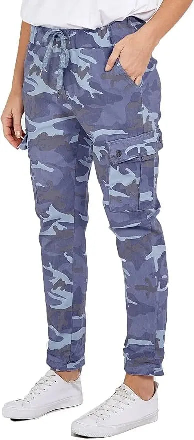 New Women's Ladies Cargo Pocket Super Stretch Army Camouflage Trousers Pants - Hammy Look