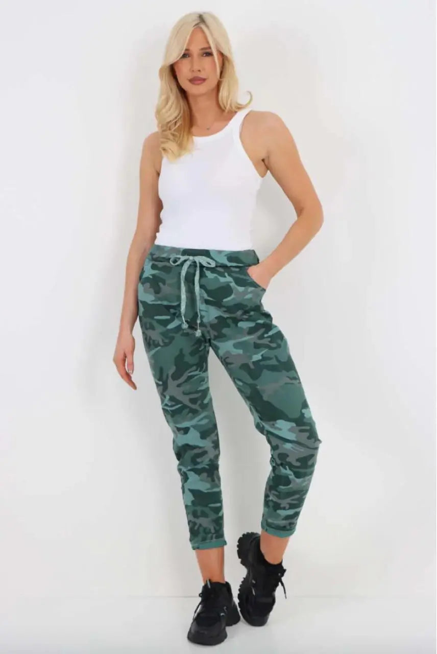 New Women's Ladies Cargo Pocket Super Stretch Army Camouflage Trousers Pants - Hammy Look