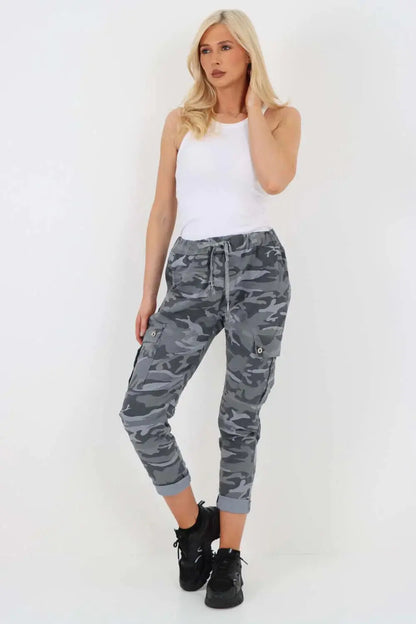 New Women's Ladies Cargo Pocket Super Stretch Army Camouflage Trousers Pants - Hammy Look