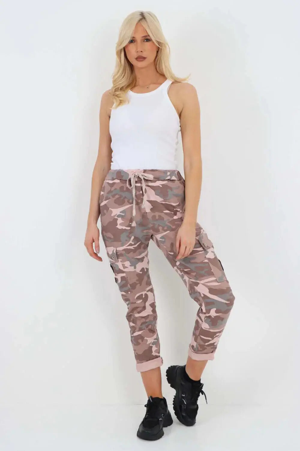 New Women's Ladies Cargo Pocket Super Stretch Army Camouflage Trousers Pants - Hammy Look