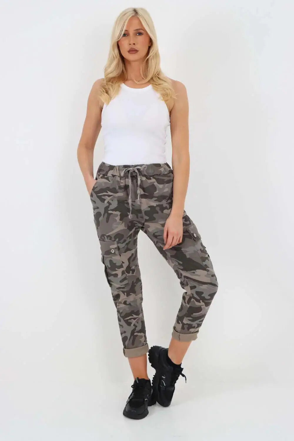 New Women's Ladies Cargo Pocket Super Stretch Army Camouflage Trousers Pants - Hammy Look