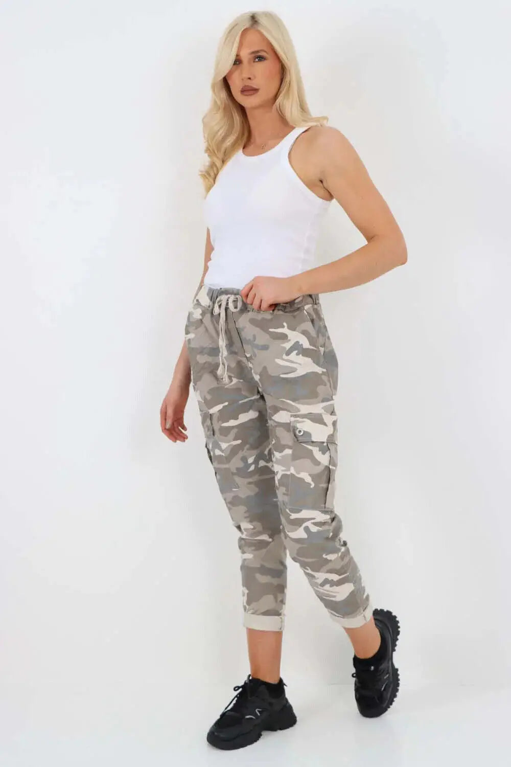 New Women's Ladies Cargo Pocket Super Stretch Army Camouflage Trousers Pants - Hammy Look