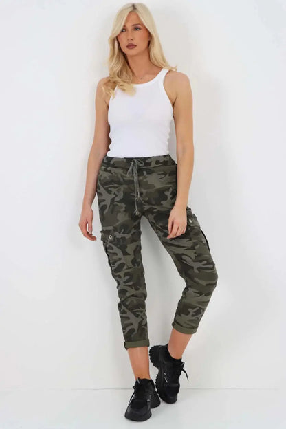 New Women's Ladies Cargo Pocket Super Stretch Army Camouflage Trousers Pants - Hammy Look